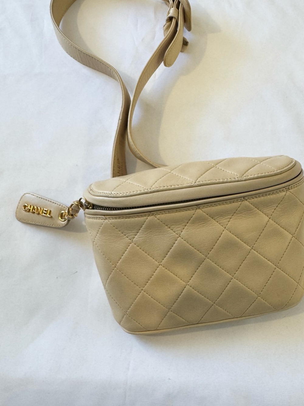 CHANEL Vintage Quilted Beige Leather Crossbody Belt Bag with Gold-Tone Hardware